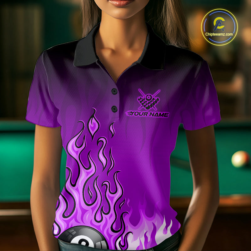 American Flag Patriotic Billiard Shirt For Women Custom Fire Flame 8 Ball Pool Team Jerseys | Purple NYN4051