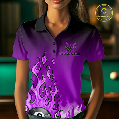 American Flag Patriotic Billiard Shirt For Women Custom Fire Flame 8 Ball Pool Team Jerseys | Purple NYN4051