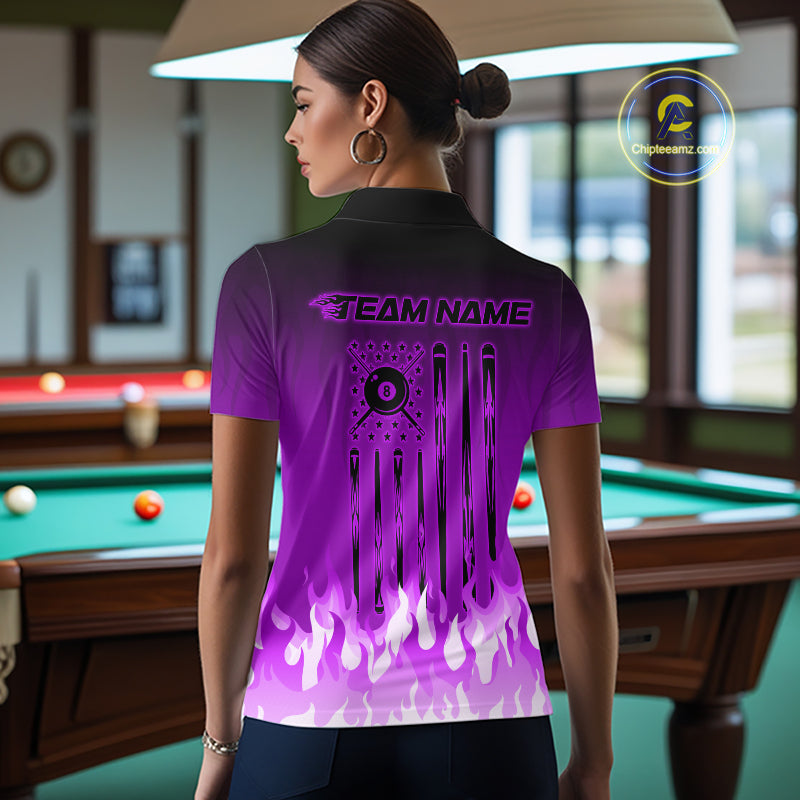 American Flag Patriotic Billiard Shirt For Women Custom Fire Flame 8 Ball Pool Team Jerseys | Purple NYN4051