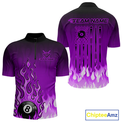 American Flag Patriotic Billiard Shirt For Men Custom Fire Flame 8 Ball Pool Team Jerseys | Purple NYN4051