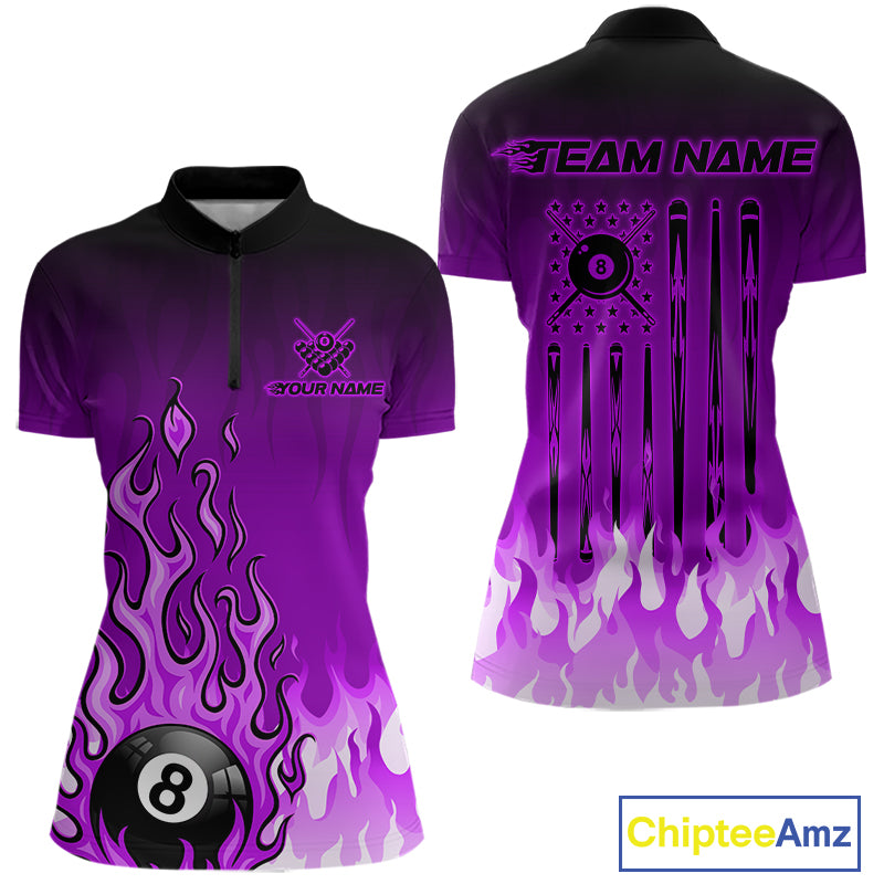 American Flag Patriotic Billiard Shirt For Women Custom Fire Flame 8 Ball Pool Team Jerseys | Purple NYN4051