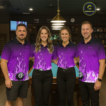 American Flag Patriotic Billiard Shirt For Men Custom Fire Flame 8 Ball Pool Team Jerseys | Purple NYN4051