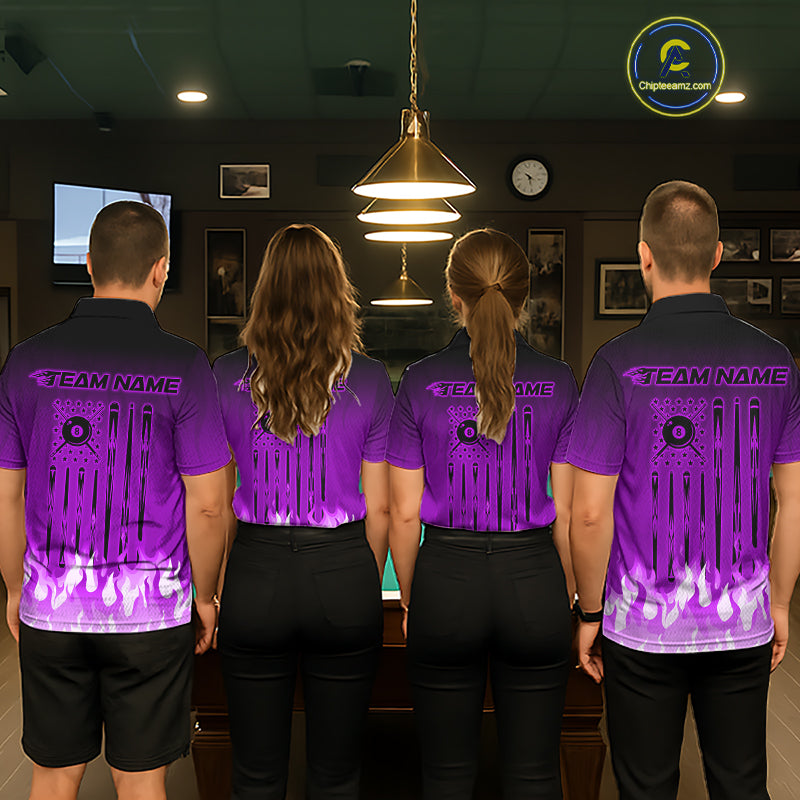 American Flag Patriotic Billiard Shirt For Men Custom Fire Flame 8 Ball Pool Team Jerseys | Purple NYN4051