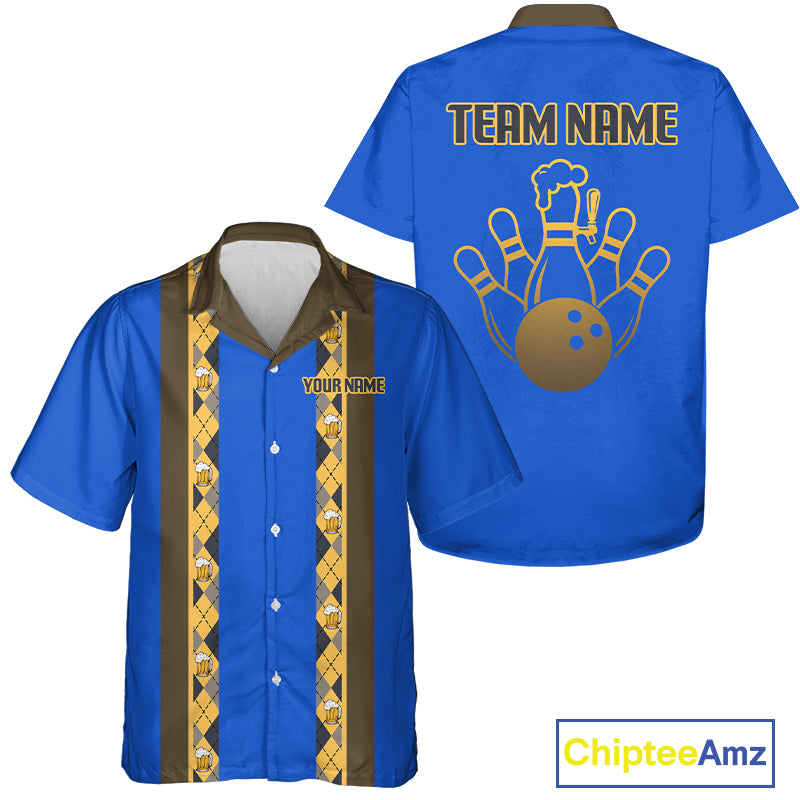 Custom Multi-Color Bowling Button Down Shirt Retro Beer & Bowling Pin Short Sleeve Hawaiian Jersey NYN4405