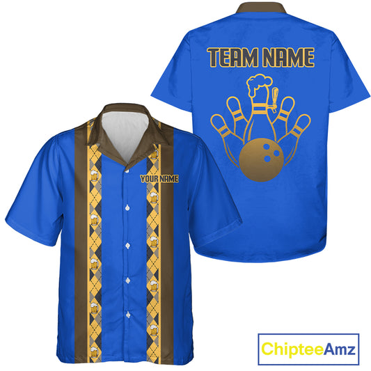 Custom Multi-Color Bowling Button Down Shirt Retro Beer & Bowling Pin Short Sleeve Hawaiian Jersey NYN4405
