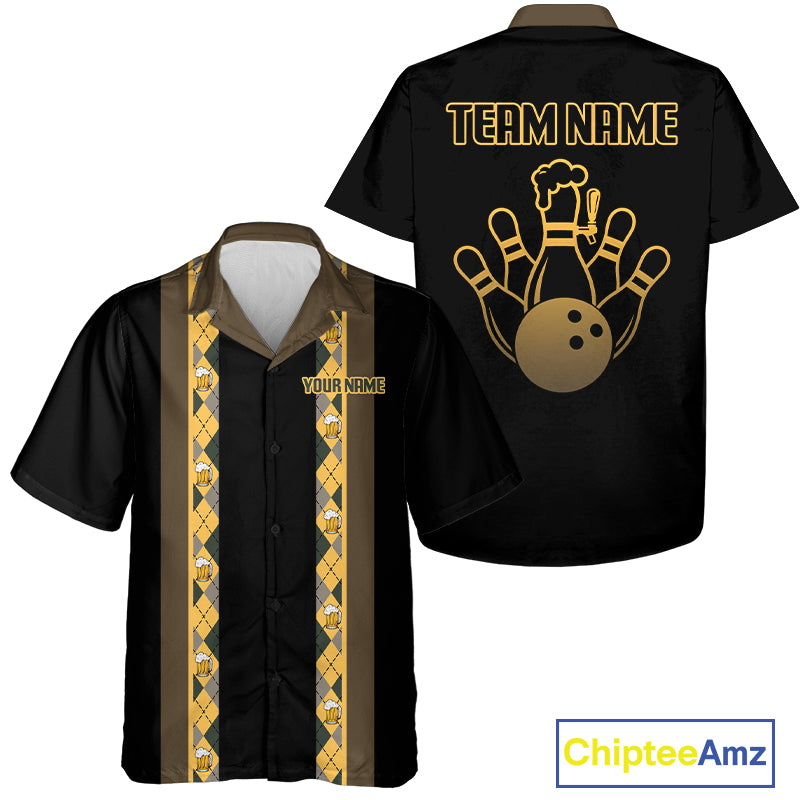 Custom Multi-Color Bowling Button Down Shirt Retro Beer & Bowling Pin Short Sleeve Hawaiian Jersey NYN4405