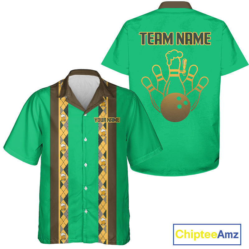 Custom Multi-Color Bowling Button Down Shirt Retro Beer & Bowling Pin Short Sleeve Hawaiian Jersey NYN4405