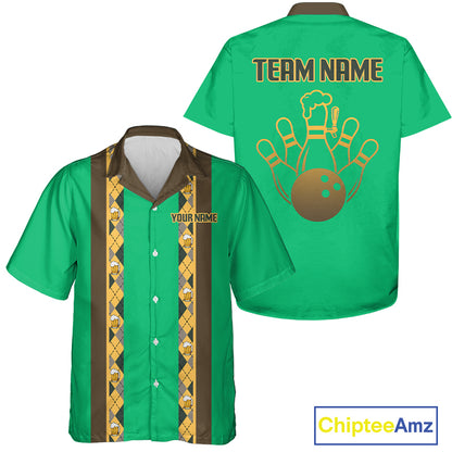 Custom Multi-Color Bowling Button Down Shirt Retro Beer & Bowling Pin Short Sleeve Hawaiian Jersey NYN4405