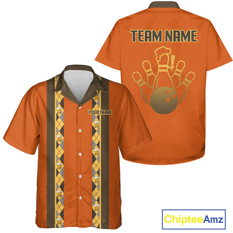 Custom Multi-Color Bowling Button Down Shirt Retro Beer & Bowling Pin Short Sleeve Hawaiian Jersey NYN4405