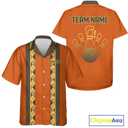 Custom Multi-Color Bowling Button Down Shirt Retro Beer & Bowling Pin Short Sleeve Hawaiian Jersey NYN4405
