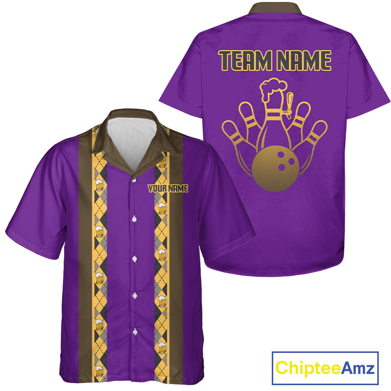 Custom Multi-Color Bowling Button Down Shirt Retro Beer & Bowling Pin Short Sleeve Hawaiian Jersey NYN4405