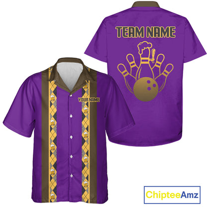 Custom Multi-Color Bowling Button Down Shirt Retro Beer & Bowling Pin Short Sleeve Hawaiian Jersey NYN4405