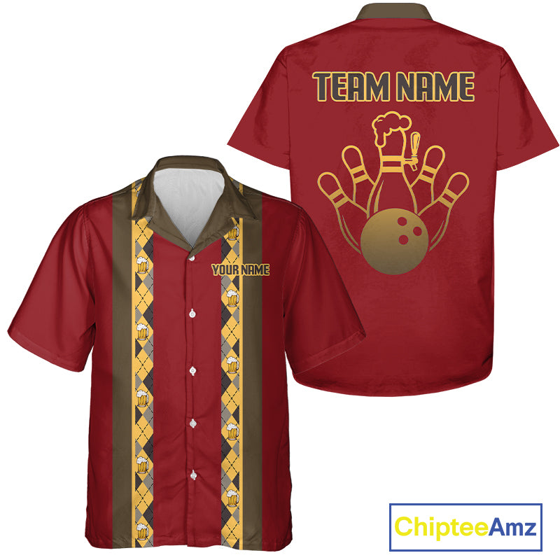 Custom Multi-Color Bowling Button Down Shirt Retro Beer & Bowling Pin Short Sleeve Hawaiian Jersey NYN4405