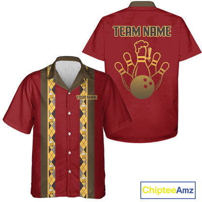 Custom Multi-Color Bowling Button Down Shirt Retro Beer & Bowling Pin Short Sleeve Hawaiian Jersey NYN4405