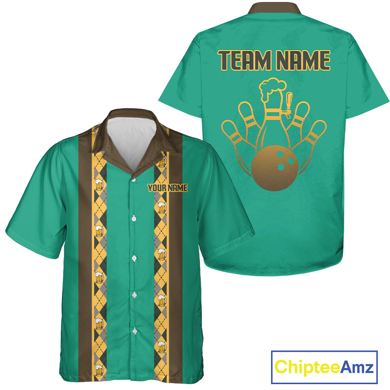 Custom Multi-Color Bowling Button Down Shirt Retro Beer & Bowling Pin Short Sleeve Hawaiian Jersey NYN4405