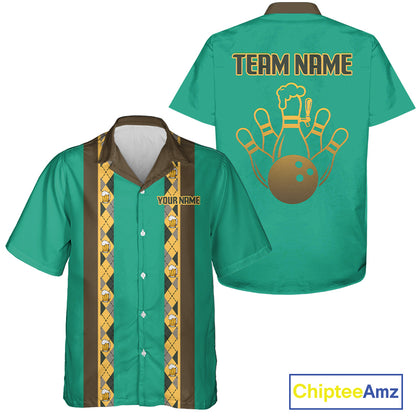 Custom Multi-Color Bowling Button Down Shirt Retro Beer & Bowling Pin Short Sleeve Hawaiian Jersey NYN4405