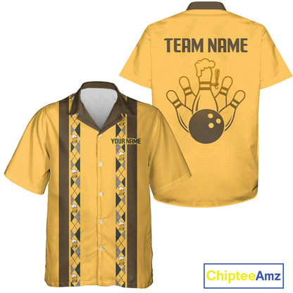 Custom Multi-Color Bowling Button Down Shirt Retro Beer & Bowling Pin Short Sleeve Hawaiian Jersey NYN4405