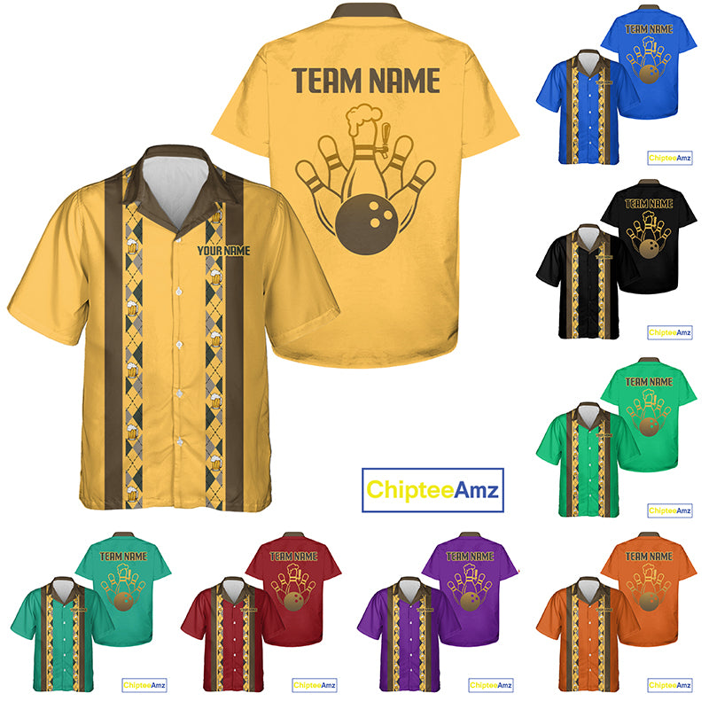 Custom Multi-Color Bowling Button Down Shirt Retro Beer & Bowling Pin Short Sleeve Hawaiian Jersey NYN4405