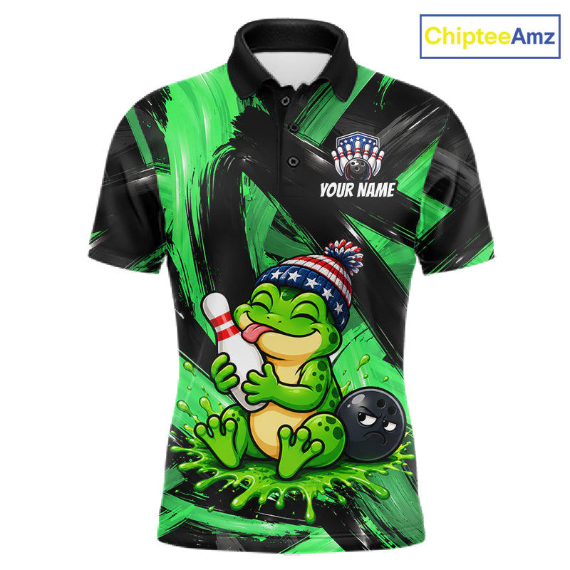 Custom Funny Frog Mens Bowling Shirt Personalized Name & Team Bowling Polo 1/4-Zip Green Splash Apparel NYN4418