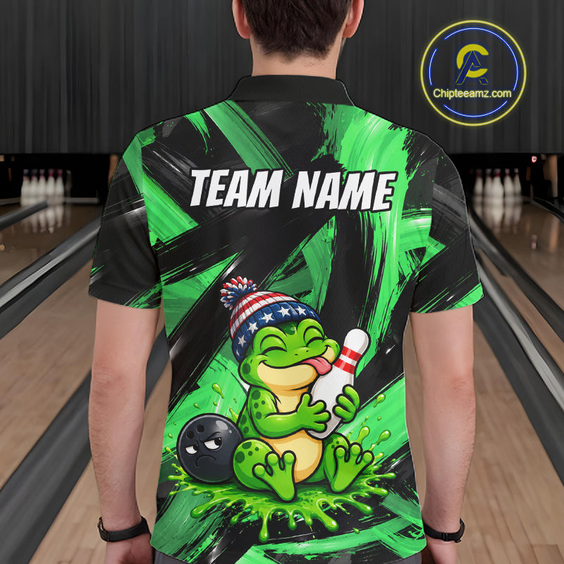 Custom Funny Frog Mens Bowling Shirt Personalized Name & Team Bowling Polo 1/4-Zip Green Splash Apparel NYN4418