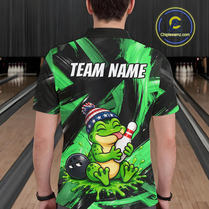 Custom Funny Frog Mens Bowling Shirt Personalized Name & Team Bowling Polo 1/4-Zip Green Splash Apparel NYN4418