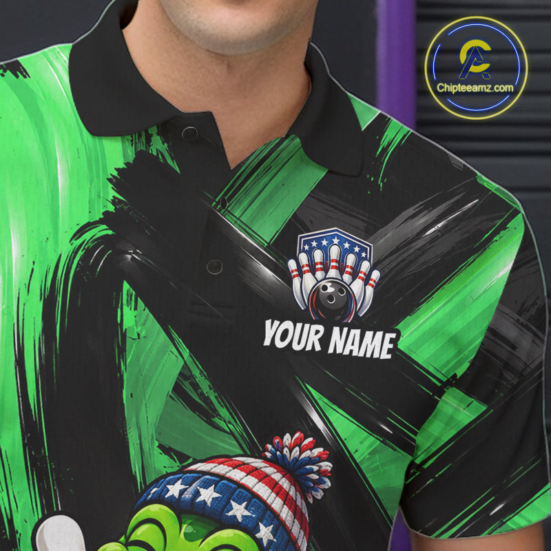 Custom Funny Frog Mens Bowling Shirt Personalized Name & Team Bowling Polo 1/4-Zip Green Splash Apparel NYN4418