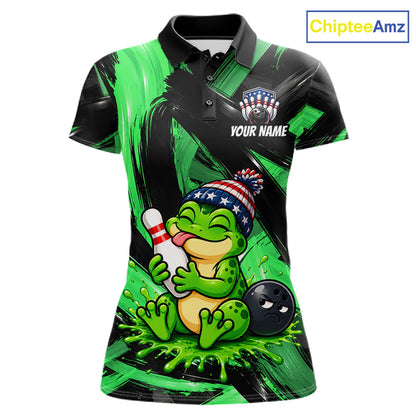 Custom Funny Frog Women Bowling Shirt Personalized Name & Team Bowling Polo 1/4-Zip Green Splash Apparel NYN4418