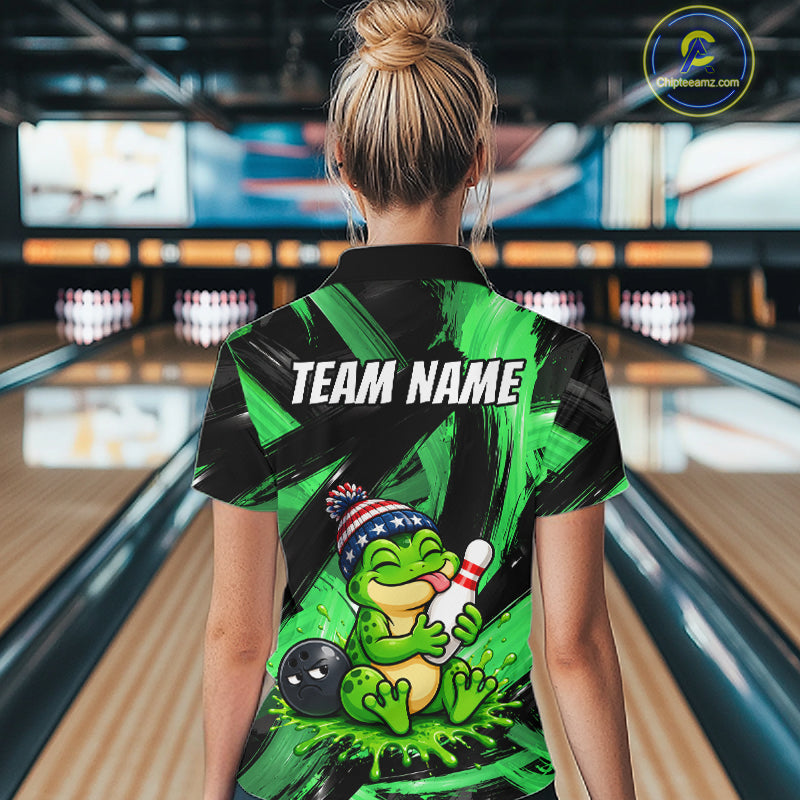 Custom Funny Frog Women Bowling Shirt Personalized Name & Team Bowling Polo 1/4-Zip Green Splash Apparel NYN4418