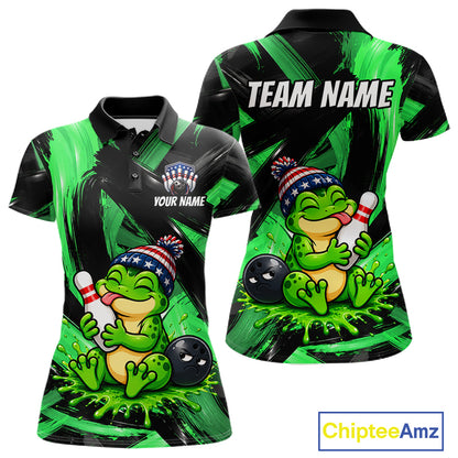 Custom Funny Frog Women Bowling Shirt Personalized Name & Team Bowling Polo 1/4-Zip Green Splash Apparel NYN4418