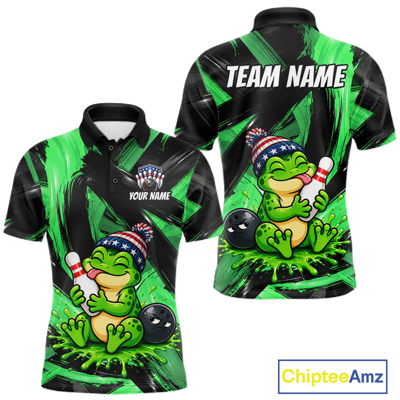 Custom Funny Frog Mens Bowling Shirt Personalized Name & Team Bowling Polo 1/4-Zip Green Splash Apparel NYN4418