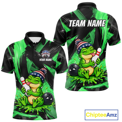 Custom Funny Frog Mens Bowling Shirt Personalized Name & Team Bowling Polo 1/4-Zip Green Splash Apparel NYN4418