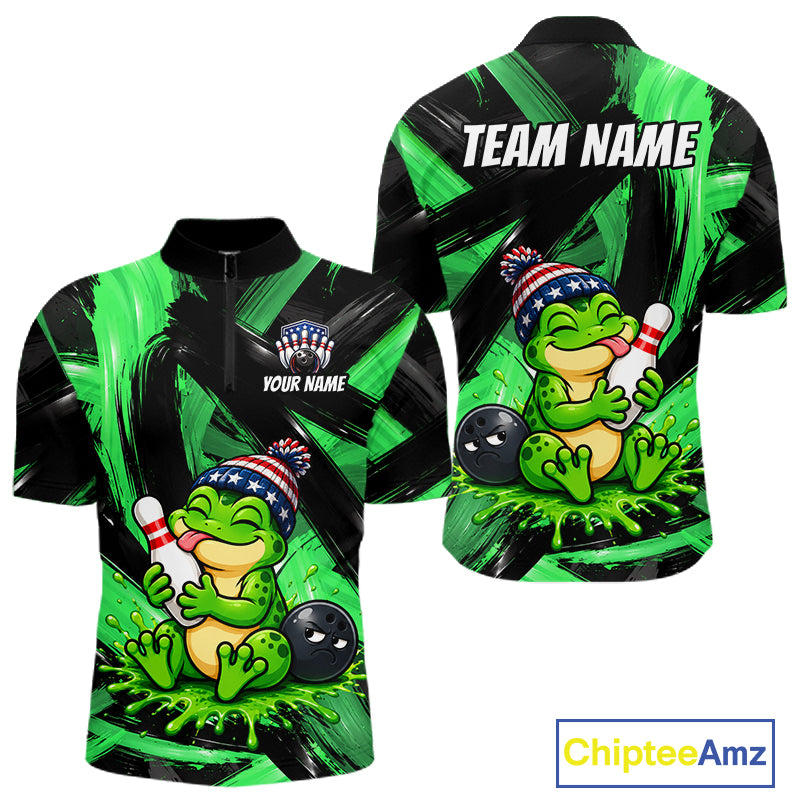 Custom Funny Frog Mens Bowling Shirt Personalized Name & Team Bowling Polo 1/4-Zip Green Splash Apparel NYN4418