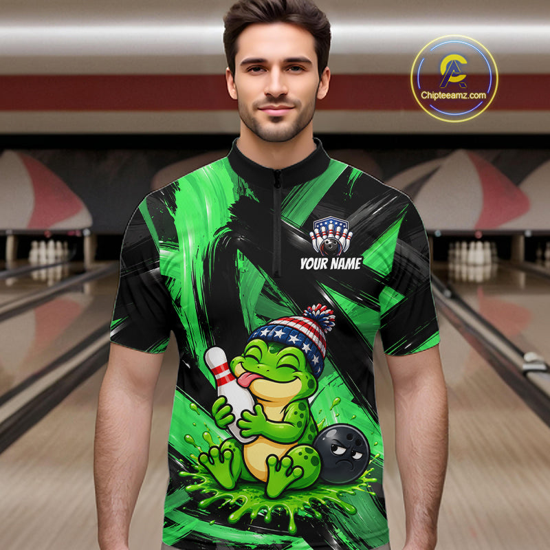 Custom Funny Frog Mens Bowling Shirt Personalized Name & Team Bowling Polo 1/4-Zip Green Splash Apparel NYN4418