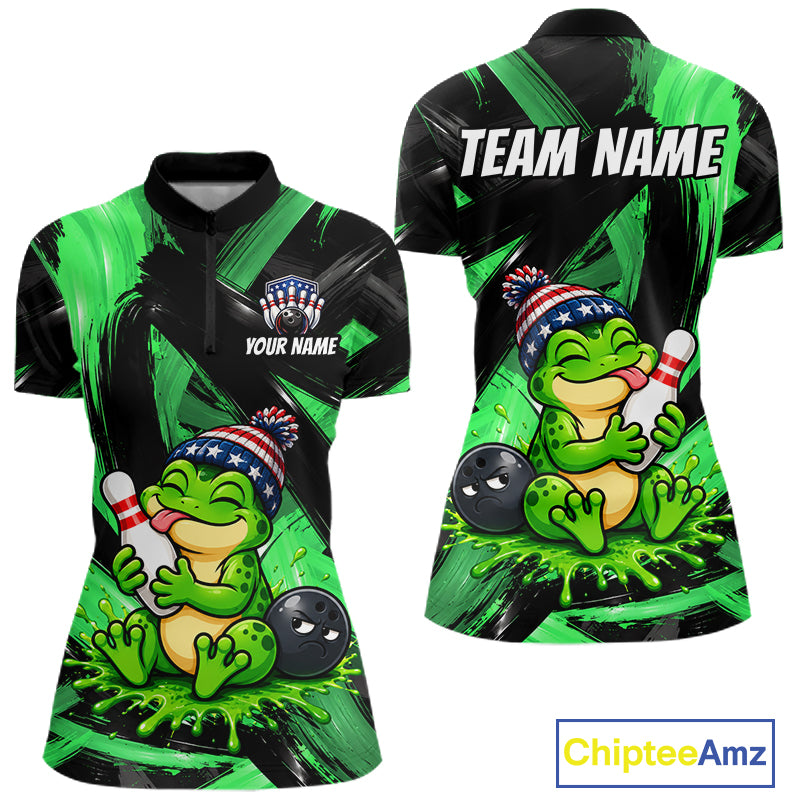 Custom Funny Frog Women Bowling Shirt Personalized Name & Team Bowling Polo 1/4-Zip Green Splash Apparel NYN4418