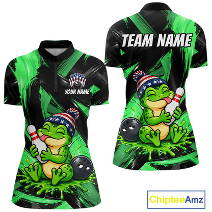 Custom Funny Frog Women Bowling Shirt Personalized Name & Team Bowling Polo 1/4-Zip Green Splash Apparel NYN4418