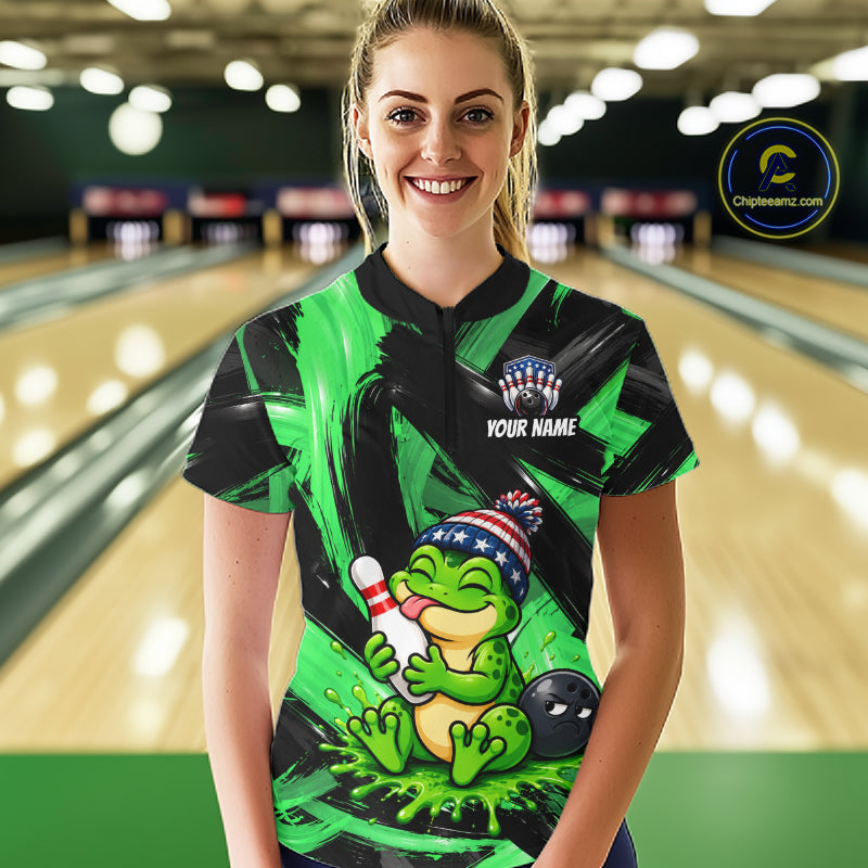 Custom Funny Frog Women Bowling Shirt Personalized Name & Team Bowling Polo 1/4-Zip Green Splash Apparel NYN4418