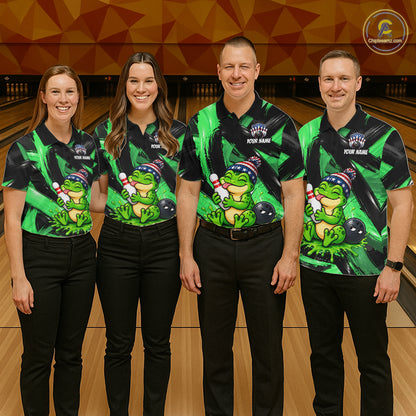 Custom Funny Frog Mens Bowling Shirt Personalized Name & Team Bowling Polo 1/4-Zip Green Splash Apparel NYN4418