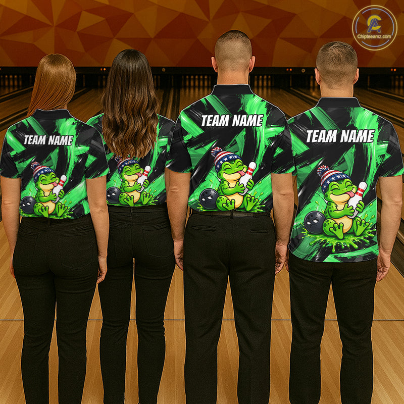 Custom Funny Frog Mens Bowling Shirt Personalized Name & Team Bowling Polo 1/4-Zip Green Splash Apparel NYN4418