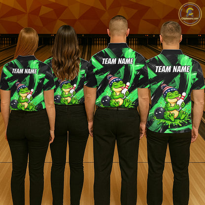 Custom Funny Frog Mens Bowling Shirt Personalized Name & Team Bowling Polo 1/4-Zip Green Splash Apparel NYN4418