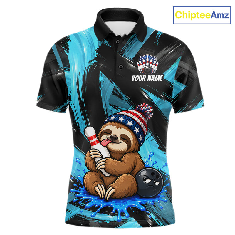 Custom Funny Sloth Mens Bowling Shirt Personalized Name & Team Bowling Polo 1/4-Zip Blue Splash Apparel NYN4419