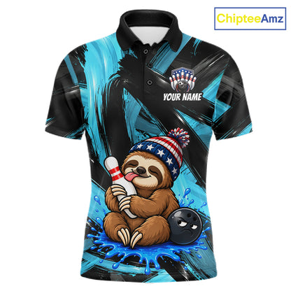 Custom Funny Sloth Mens Bowling Shirt Personalized Name & Team Bowling Polo 1/4-Zip Blue Splash Apparel NYN4419