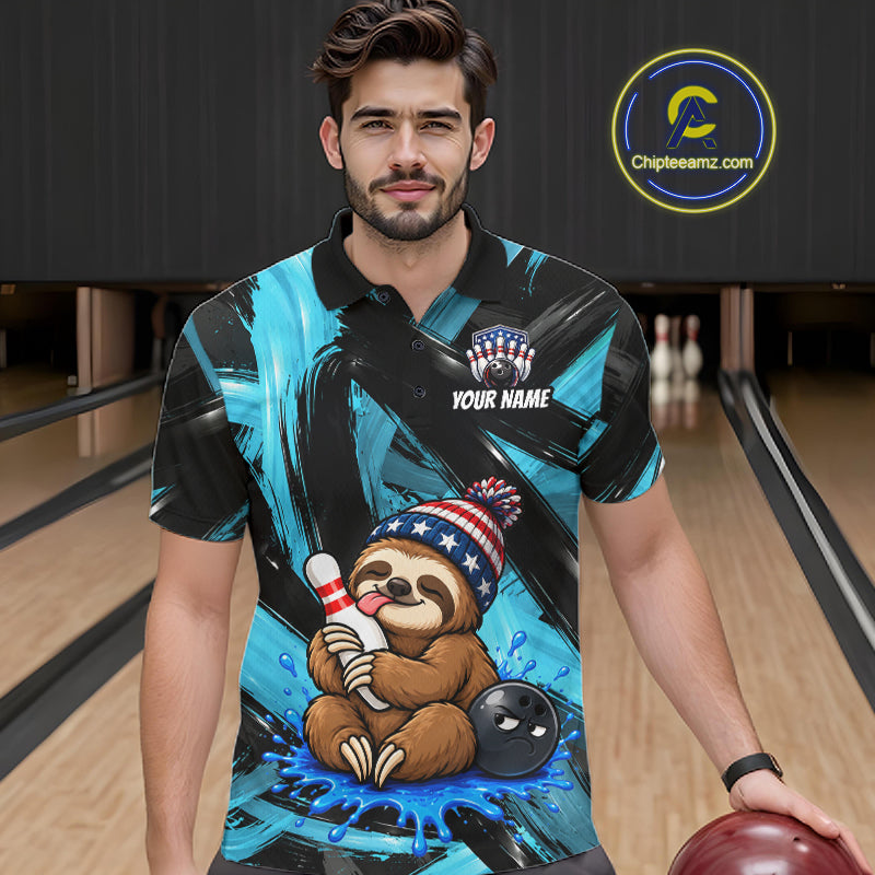 Custom Funny Sloth Mens Bowling Shirt Personalized Name & Team Bowling Polo 1/4-Zip Blue Splash Apparel NYN4419