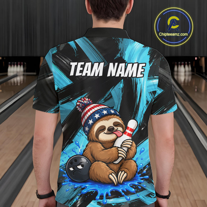 Custom Funny Sloth Mens Bowling Shirt Personalized Name & Team Bowling Polo 1/4-Zip Blue Splash Apparel NYN4419