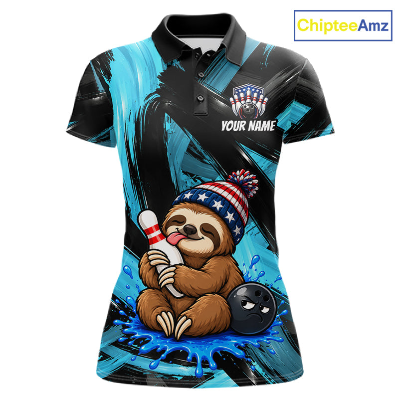 Custom Funny Sloth Women Bowling Shirt Personalized Name & Team Bowling Polo 1/4-Zip Blue Splash Apparel NYN4419