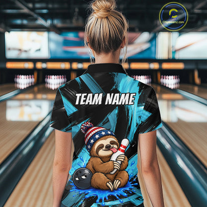Custom Funny Sloth Women Bowling Shirt Personalized Name & Team Bowling Polo 1/4-Zip Blue Splash Apparel NYN4419