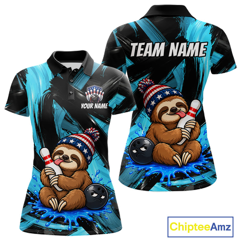 Custom Funny Sloth Women Bowling Shirt Personalized Name & Team Bowling Polo 1/4-Zip Blue Splash Apparel NYN4419