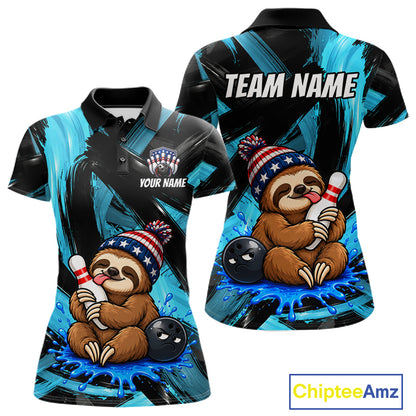 Custom Funny Sloth Women Bowling Shirt Personalized Name & Team Bowling Polo 1/4-Zip Blue Splash Apparel NYN4419