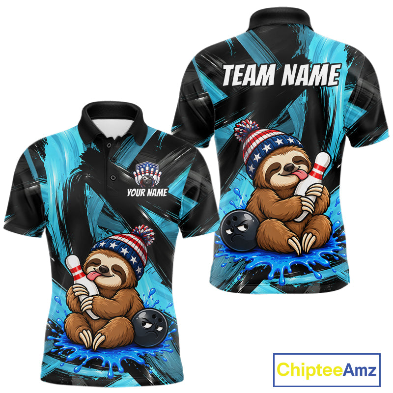 Custom Funny Sloth Mens Bowling Shirt Personalized Name & Team Bowling Polo 1/4-Zip Blue Splash Apparel NYN4419
