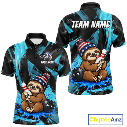 Custom Funny Sloth Mens Bowling Shirt Personalized Name & Team Bowling Polo 1/4-Zip Blue Splash Apparel NYN4419