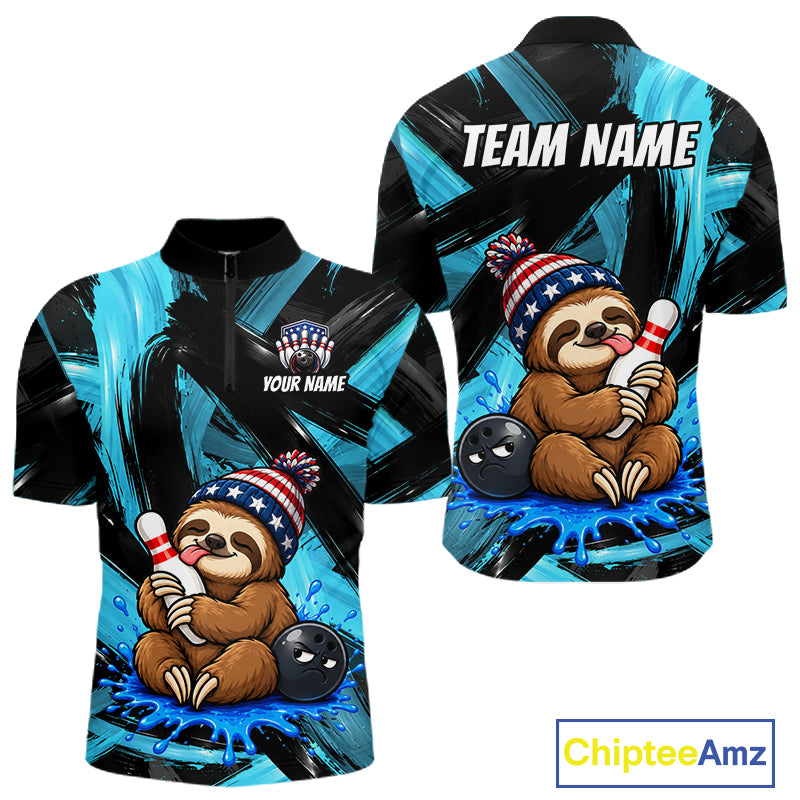 Custom Funny Sloth Mens Bowling Shirt Personalized Name & Team Bowling Polo 1/4-Zip Blue Splash Apparel NYN4419